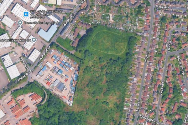 Aerial view of the former Ruby Street Tip, Denton. Image: Google